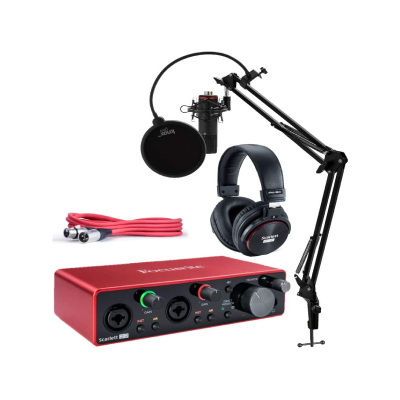 2. Focusrite Scarlett 2i2 Studio 3rd Gen USB Audio Interface Bundle with Pro Tools First, Microphone, Headphones, XLR Cable, Knox Studio Stand, Shock Mount, and Pop Filter (7 Items)
